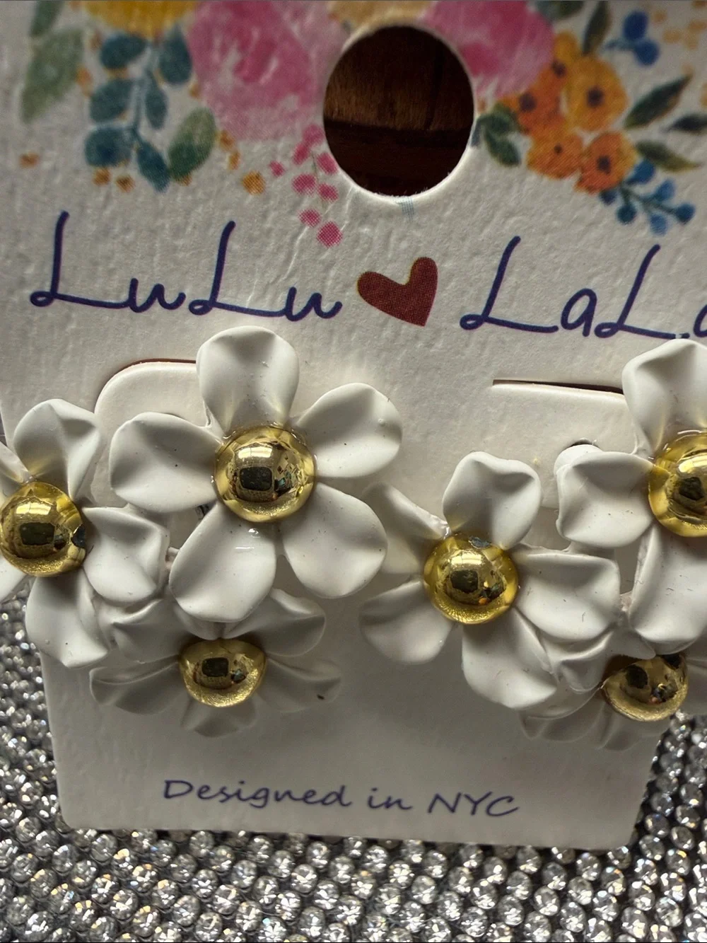 White Floral Cluster  Earrings with Gold Centers by